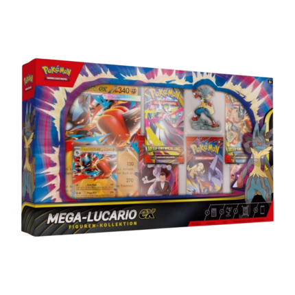 Pokémon Mega-Lucario-EX Figuren-Kollektion (Deutsch), versiegelt und originalverpackt, zeigt die geprägte holografische Mega-Lucario-EX Promokarte, die überdimensionale Karte, die detaillierte Mega-Lucario Figur und die fünf Boosterpacks.