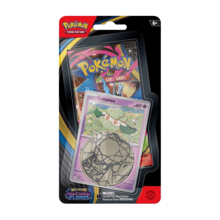 Pokémon Phantasmal Flames Checklane Blister Cottonee (English), sealed and original packaging, showing the exclusive coin, three promo cards, and the booster pack from the Phantasmal Flames expansion.