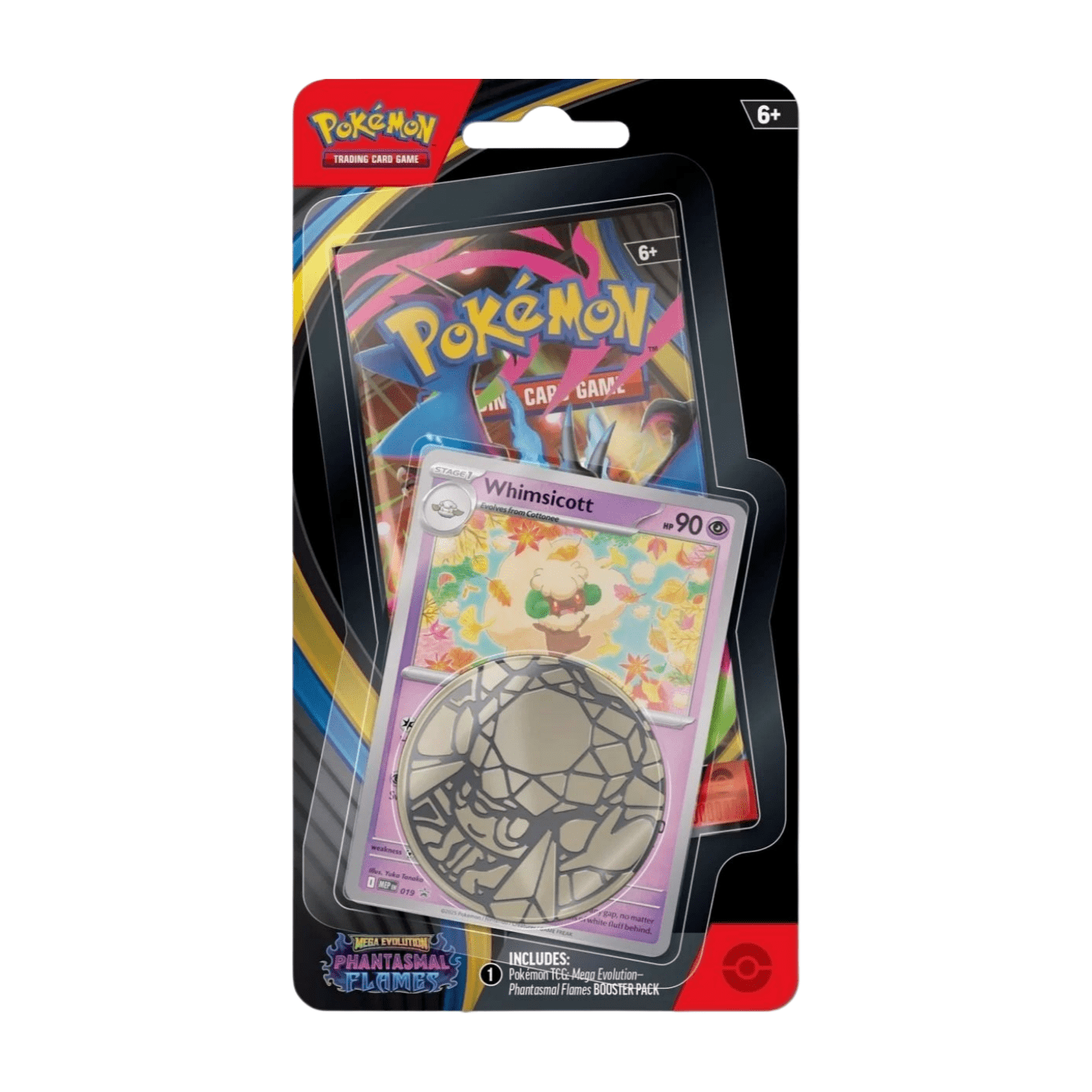 Pokémon Phantasmal Flames Checklane Blister Whimsicott (English), sealed and original packaging, showing the exclusive coin, three promo cards, and the booster pack from the Phantasmal Flames expansion.