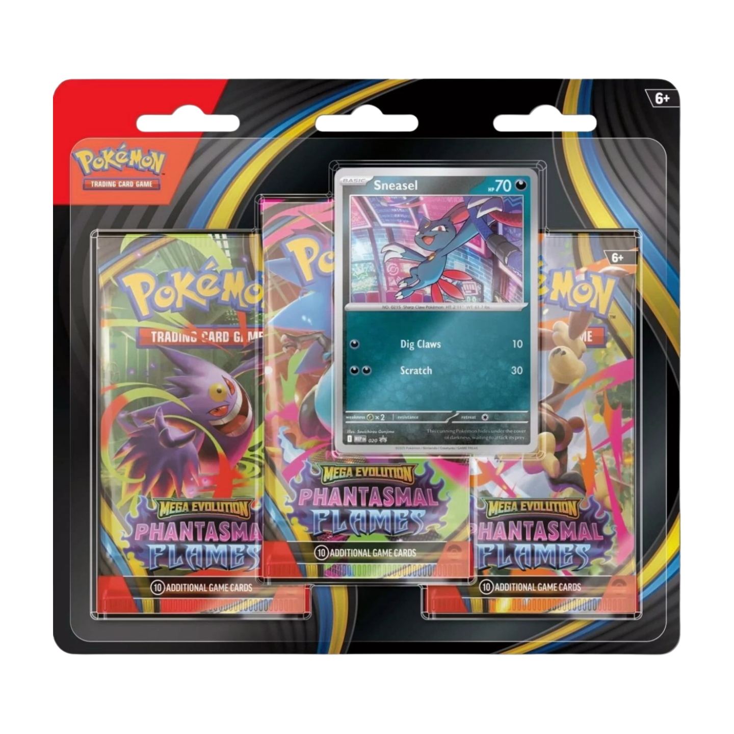 Pokémon Phantasmal Flames Expansion 3-Pack Blister Sneasel (English), sealed and original packaging, showing the exclusive Sneasel promo card and the three booster packs from the Phantasmal Flames expansion.