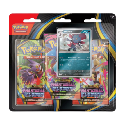 Pokémon Phantasmal Flames Expansion 3-Pack Blister Weavile (English), sealed and original packaging, showing the exclusive Weavile promo card and the three booster packs from the Phantasmal Flames expansion.