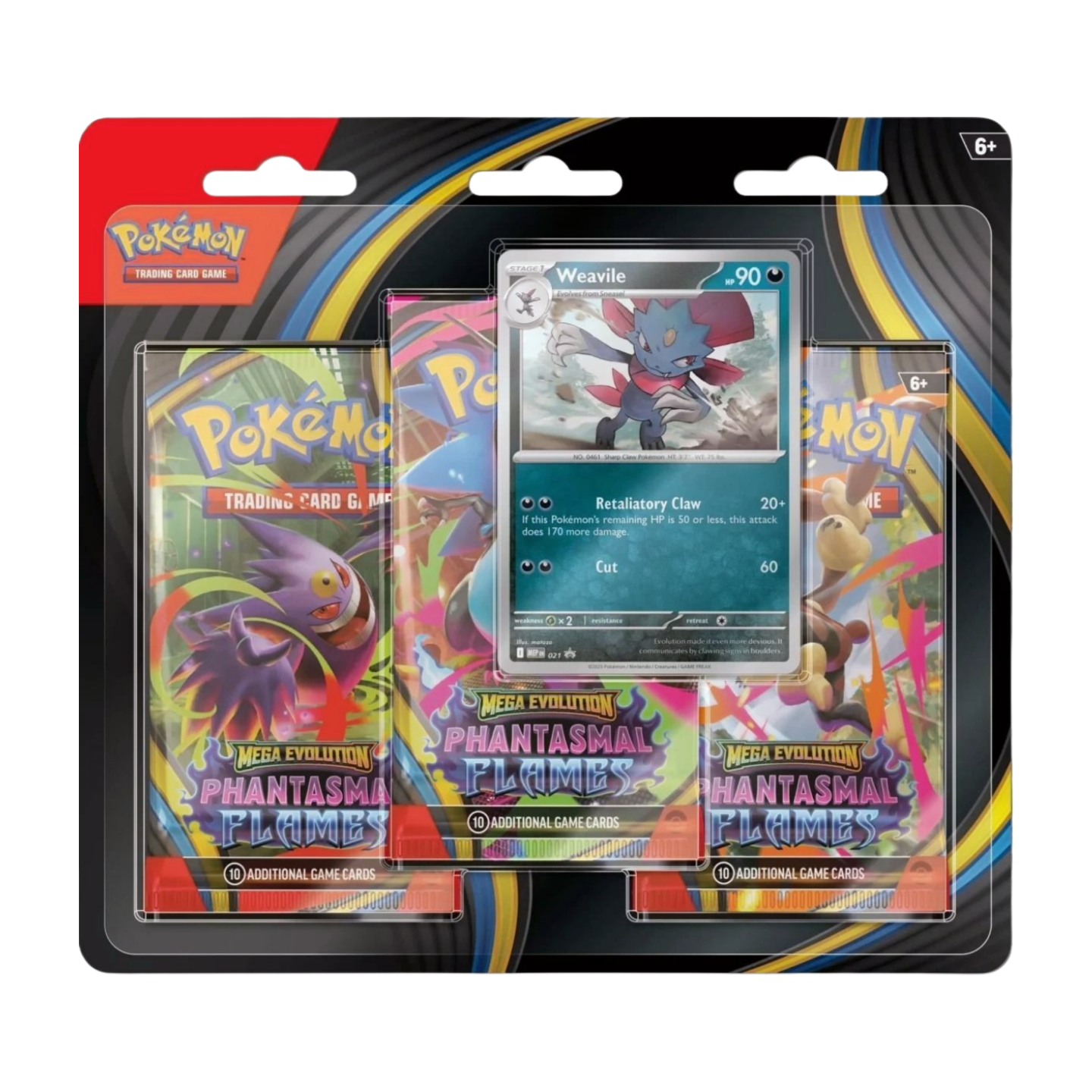 Pokémon Phantasmal Flames Expansion 3-Pack Blister Weavile (English), sealed and original packaging, showing the exclusive Weavile promo card and the three booster packs from the Phantasmal Flames expansion.