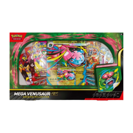 Pokémon Phantasmal Flames Expansion Mega Venusaur EX Premium Collection (English), sealed and original packaging, showing the holographic Mega-Venusaur-ex promo card, the oversized lenticular card, the Tech Sticker, and the 8 booster packs.