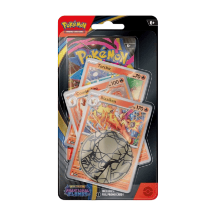 Pokémon Phantasmal Flames Expansion Premium Checklane Blister Blaziken (English), sealed and original packaging, showing the exclusive coin, three promo cards, and the booster pack from the Phantasmal Flames expansion.