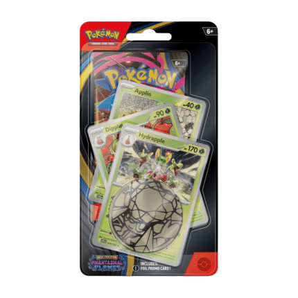Pokémon Phantasmal Flames Expansion Premium Checklane Blister Hydrapple (English), sealed and original packaging, showing the exclusive coin, three promo cards, and the booster pack from the Phantasmal Flames expansion.
