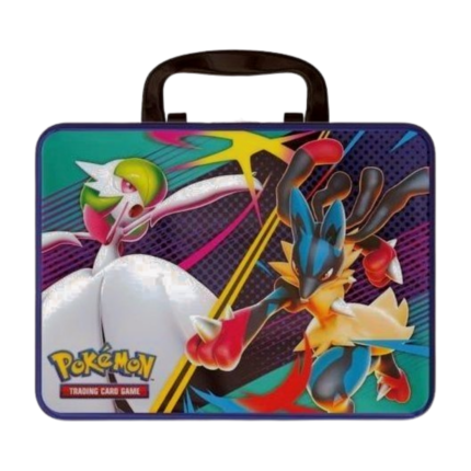 Pokémon Mega Evolution Collector Chest Fall 2025 (English), sealed and original packaging, showing the collector's tin, booster packs, holographic cards, mini album, stickers, and coin.