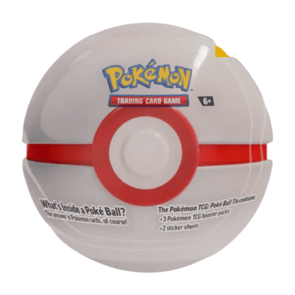 Pokémon Premierball Tin Box Herbst 2025 (deutsch), versiegelt und originalverpackt, zeigt das Premierball-Motiv auf der Box, sowie die enthaltenen Boosterpacks und Stickerbögen.