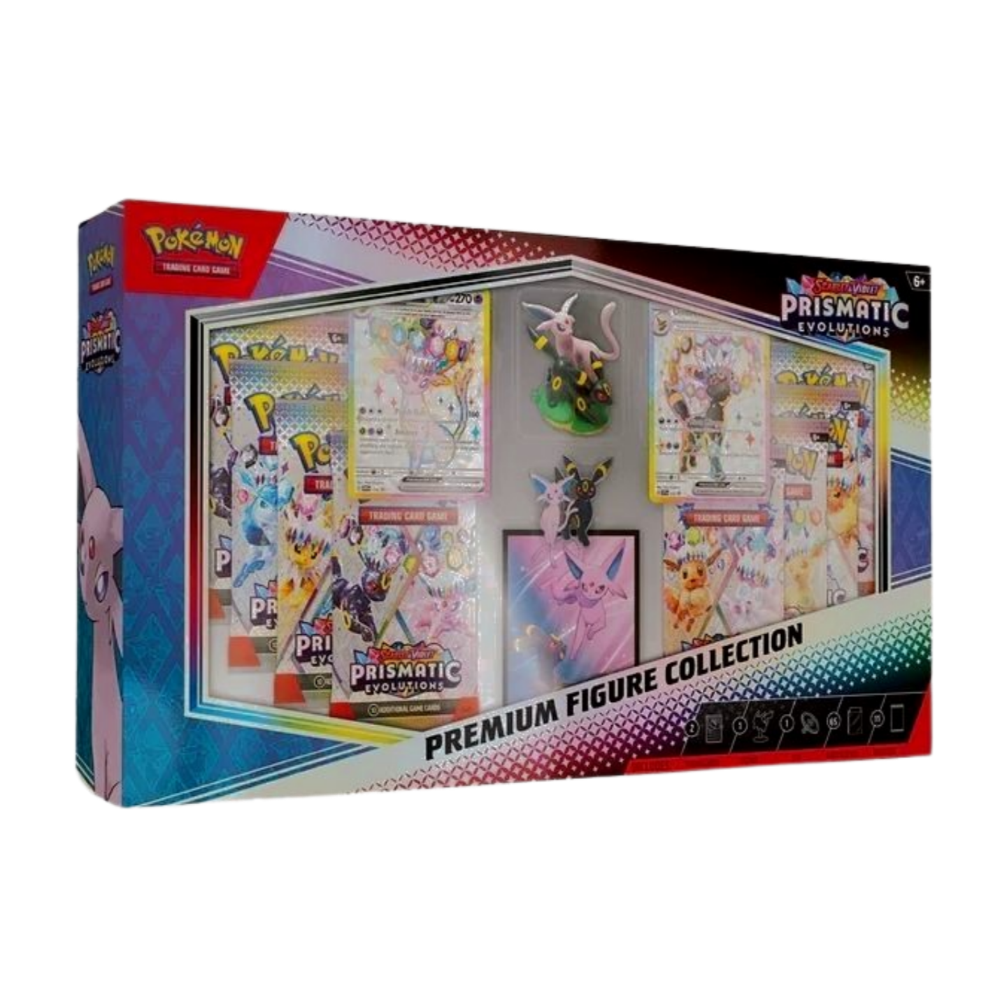 Pokémon Prismatic Evolutions Premium Figure Collection (English), sealed and original packaging, showing Espeon-ex and Umbreon-ex promo cards, the collectible figure, pin, card sleeves, and booster packs.