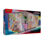 Pokémon Prismatische Entwicklungen Premium-Figuren-Kollektion (deutsch), versiegelt und originalverpackt, zeigt Psiana-ex und Nachtara-ex Promokarten, die Sammelfigur, den Pin, die Kartenhüllen und die Boosterpacks.