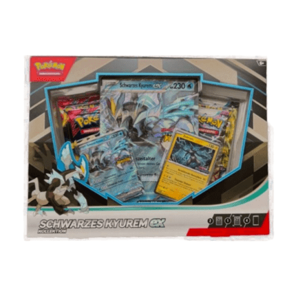 Pokémon Schwarzes Kyurem ex Kollektion (deutsch), versiegelt und originalverpackt, zeigt die Promokarten von Schwarzes Kyurem-ex und Zekrom, die überdimensionale Karte und die Boosterpacks.