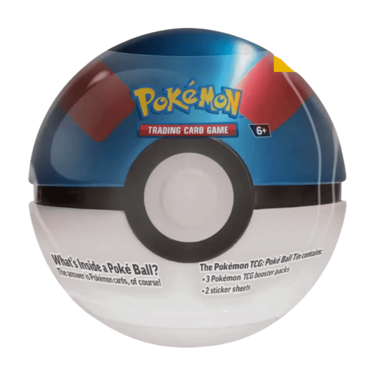 Pokémon Superball Tin Box Herbst 2025 (deutsch), versiegelt und originalverpackt, zeigt das Superball-Motiv auf der Box, sowie die enthaltenen Boosterpacks und Stickerbögen.