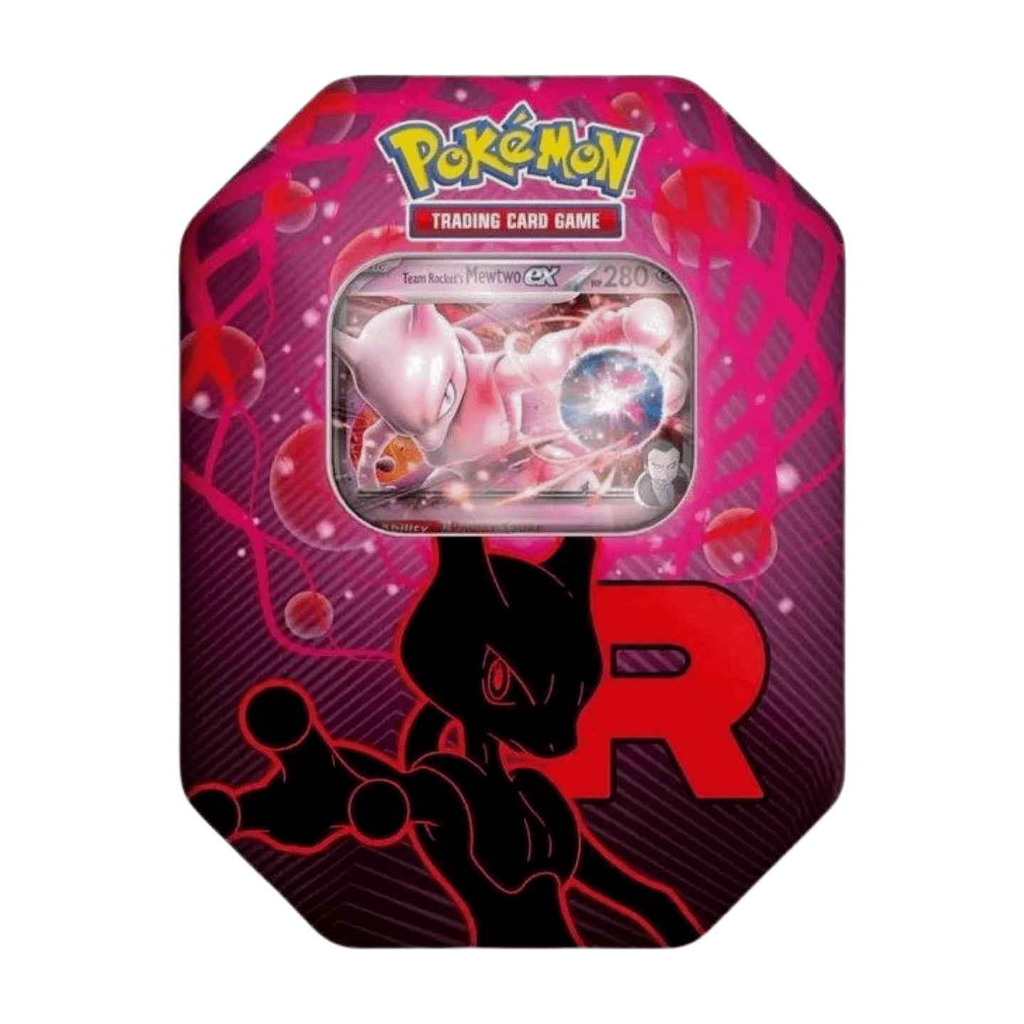 Pokémon Team Rocket: Mewtwo ex Tin Box 2025 (English), sealed and original packaging, showing holographic Mewtwo-ex promo card and booster packs.