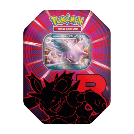 Pokémon Team Rocket: Nidoking ex Tin Box 2025 (deutsch), versiegelt und originalverpackt, zeigt holografische Nidoking-ex Promokarte und Boosterpacks.