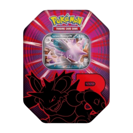 Pokémon Team Rocket: Nidoking ex Tin Box 2025 (English), sealed and original packaging, showing holographic Nidoking-ex promo card and booster packs.