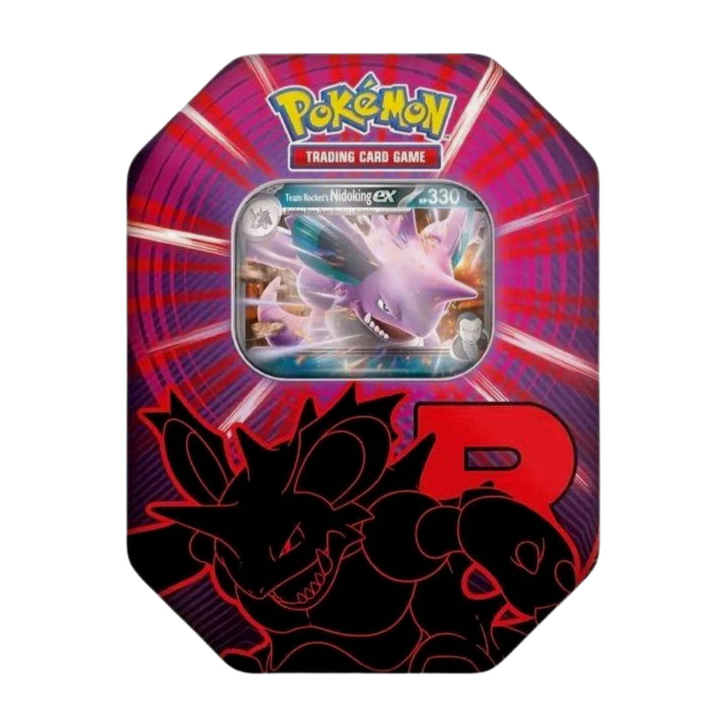 Pokémon Team Rocket: Nidoking ex Tin Box 2025 (English), sealed and original packaging, showing holographic Nidoking-ex promo card and booster packs.