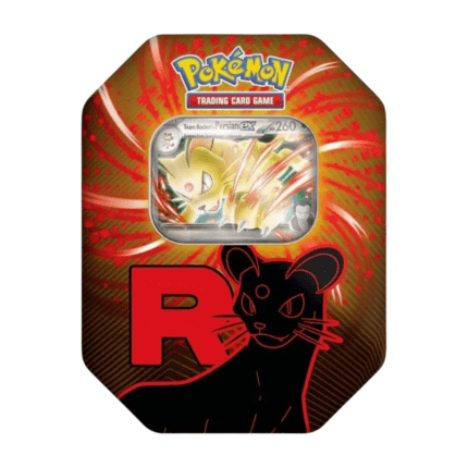 Pokémon Team Rocket: Persian ex Tin Box 2025 (English), sealed and original packaging, showing holographic Persian-ex promo card and booster packs.