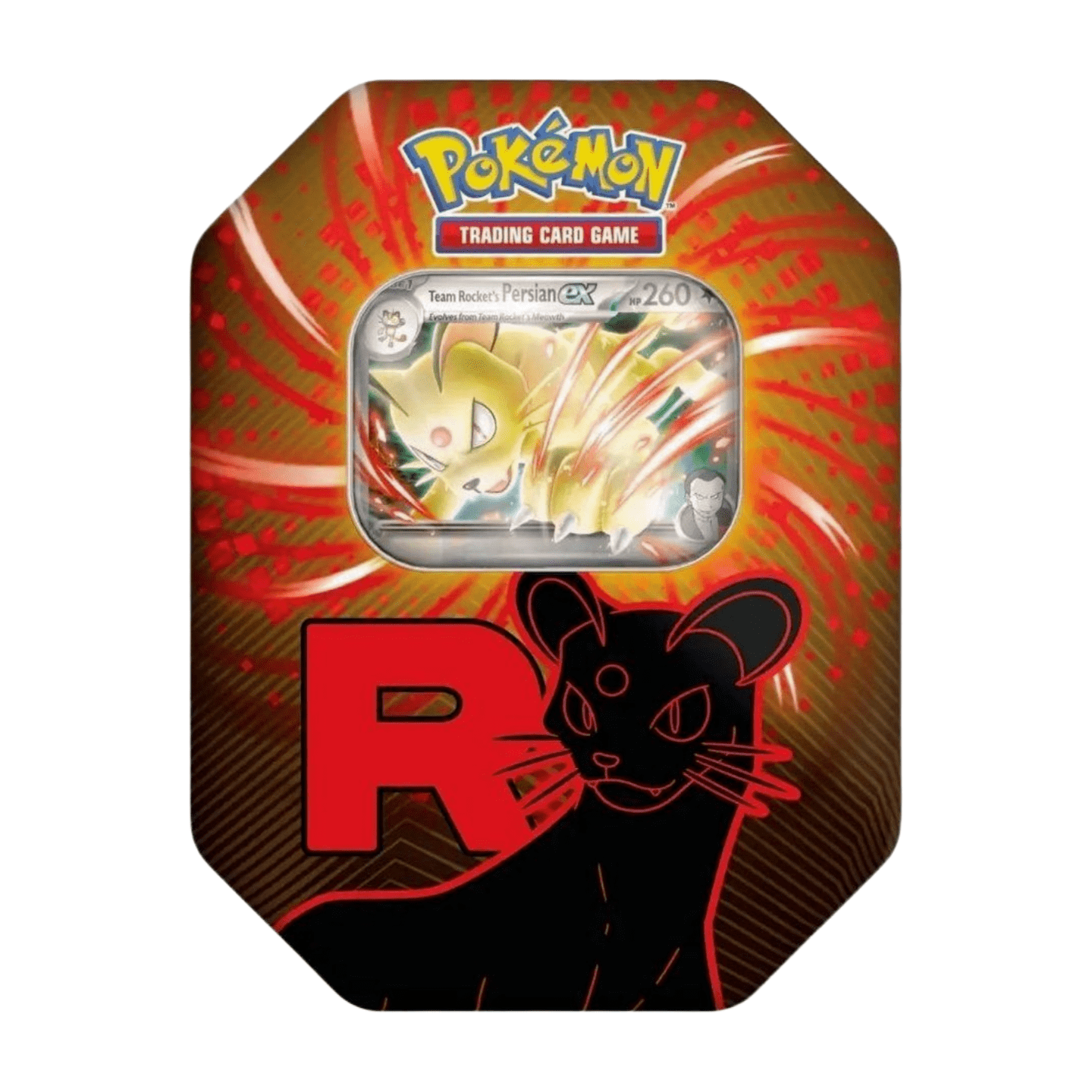 Pokémon Team Rocket: Persian ex Tin Box 2025 (English), sealed and original packaging, showing holographic Persian-ex promo card and booster packs.