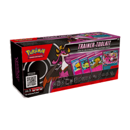 Pokémon Trainer Toolkit 2025 (deutsch), versiegelt und originalverpackt, zeigt Inhalte wie Karten, Boosterpacks, Hüllen, Würfel und Strategieleitfaden.