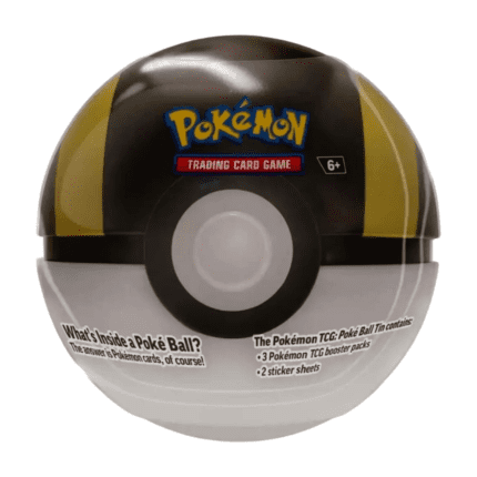 Pokémon Ultra Ball Tin Box Fall 2025 (English), sealed and original packaging, showing the Ultra Ball motif on the box, as well as the included booster packs and sticker sheets.