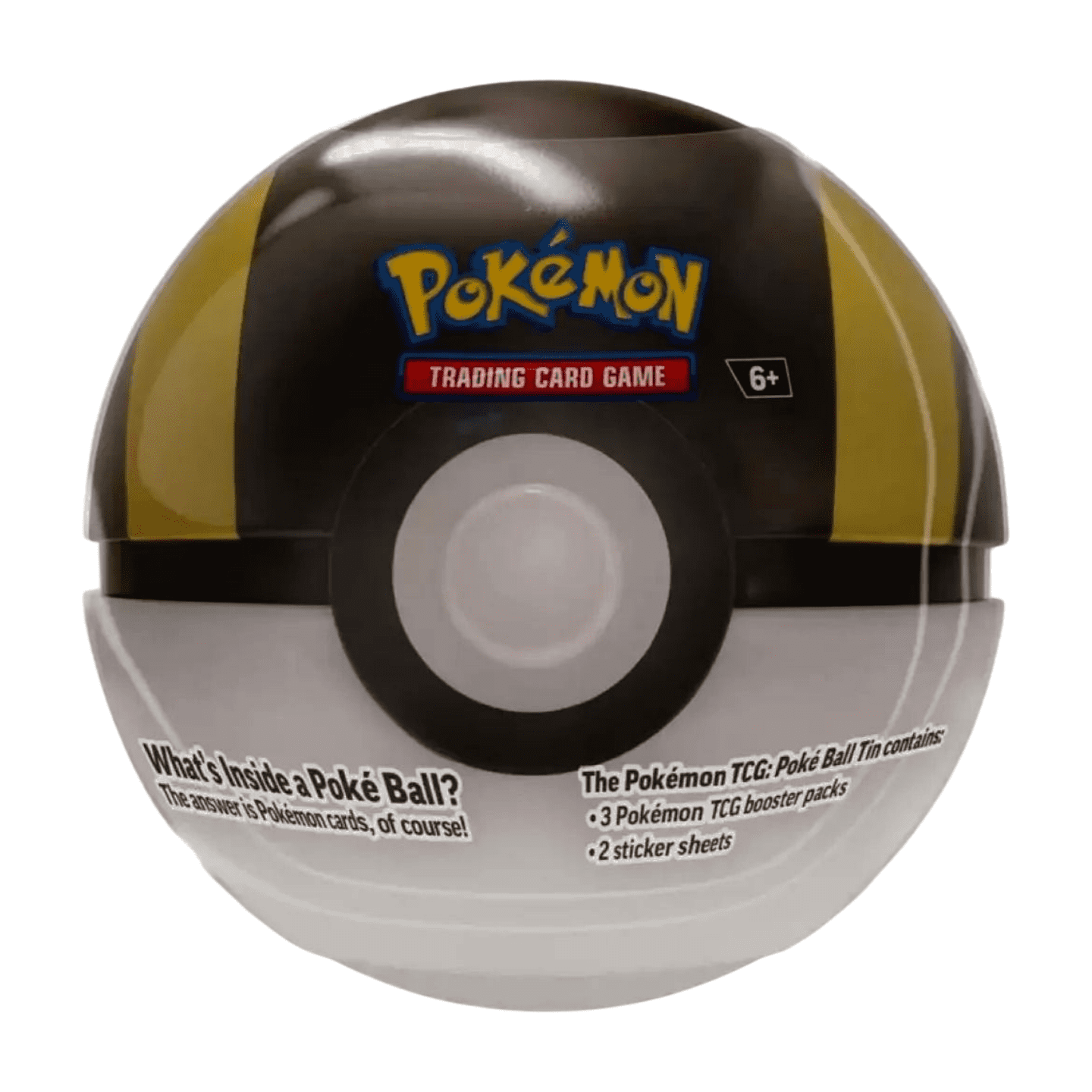 Pokémon Ultra Ball Tin Box Fall 2025 (English), sealed and original packaging, showing the Ultra Ball motif on the box, as well as the included booster packs and sticker sheets.