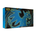 Pokémon Ultra-Premium Collection Mega-Charizard (English), sealed and original packaging, showing Mega-Charizard X-ex and Choreogel-ex promo cards, the Mega-Charizard X playmat, deck box, sleeves, coin, damage dice, and the 18 booster packs.