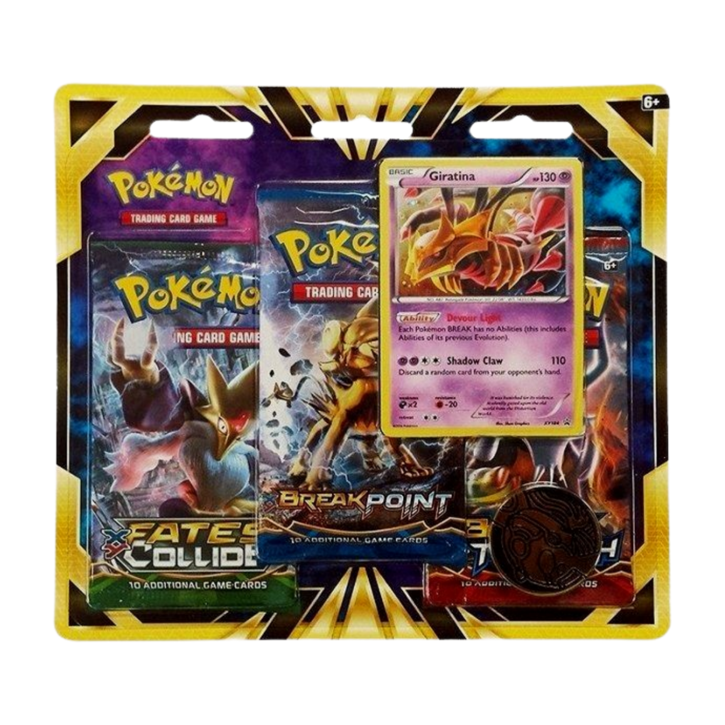 Pokémon X/Y 3-Pack Blister - Giratina (English), sealed and original packaging, showing Giratina promo card, three booster packs, and a collectible coin.