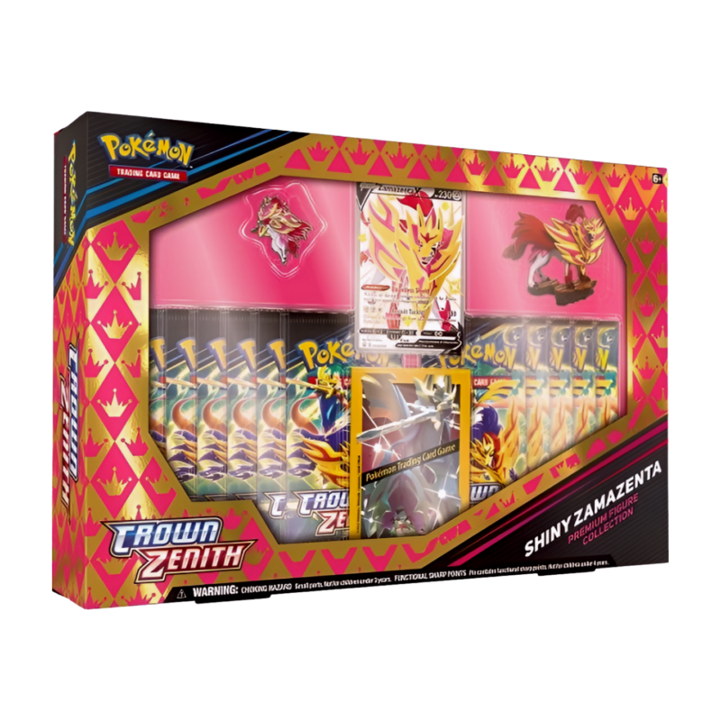 Pokémon Crown Zenith Shiny Zamazenta Premium Figure Collection (English), factory sealed box displaying the 11 Crown Zenith booster packs, the detailed Shiny Zamazenta figure, collector's pin, 65 card sleeves, and the Shiny Zamazenta V promo card.