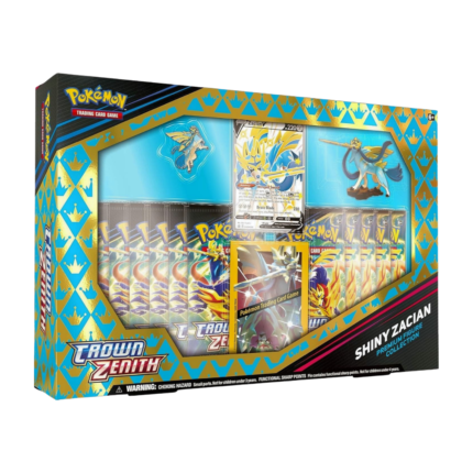 Pokémon Crown Zenith Shiny Zacian Premium Figure Collection (English), factory sealed box displaying the 11 Crown Zenith booster packs, the detailed Shiny Zacian figure, collector's pin, card sleeves, and the etched Shiny Zacian V promo card.