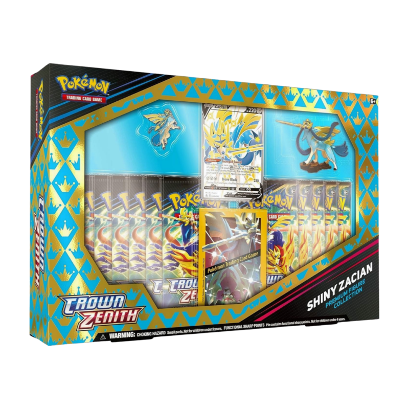 Pokémon Crown Zenith Shiny Zacian Premium Figure Collection (English), factory sealed box displaying the 11 Crown Zenith booster packs, the detailed Shiny Zacian figure, collector's pin, card sleeves, and the etched Shiny Zacian V promo card.