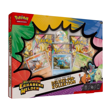 Pokémon Erhabene Helden Deluxe-Pin-Kollektion - Erste Partner (Deutsch), versiegelt und originalverpackt, zeigt die 3 Promokarten, den Sammler-Pin und die 5 Erhabene Helden Boosterpacks.