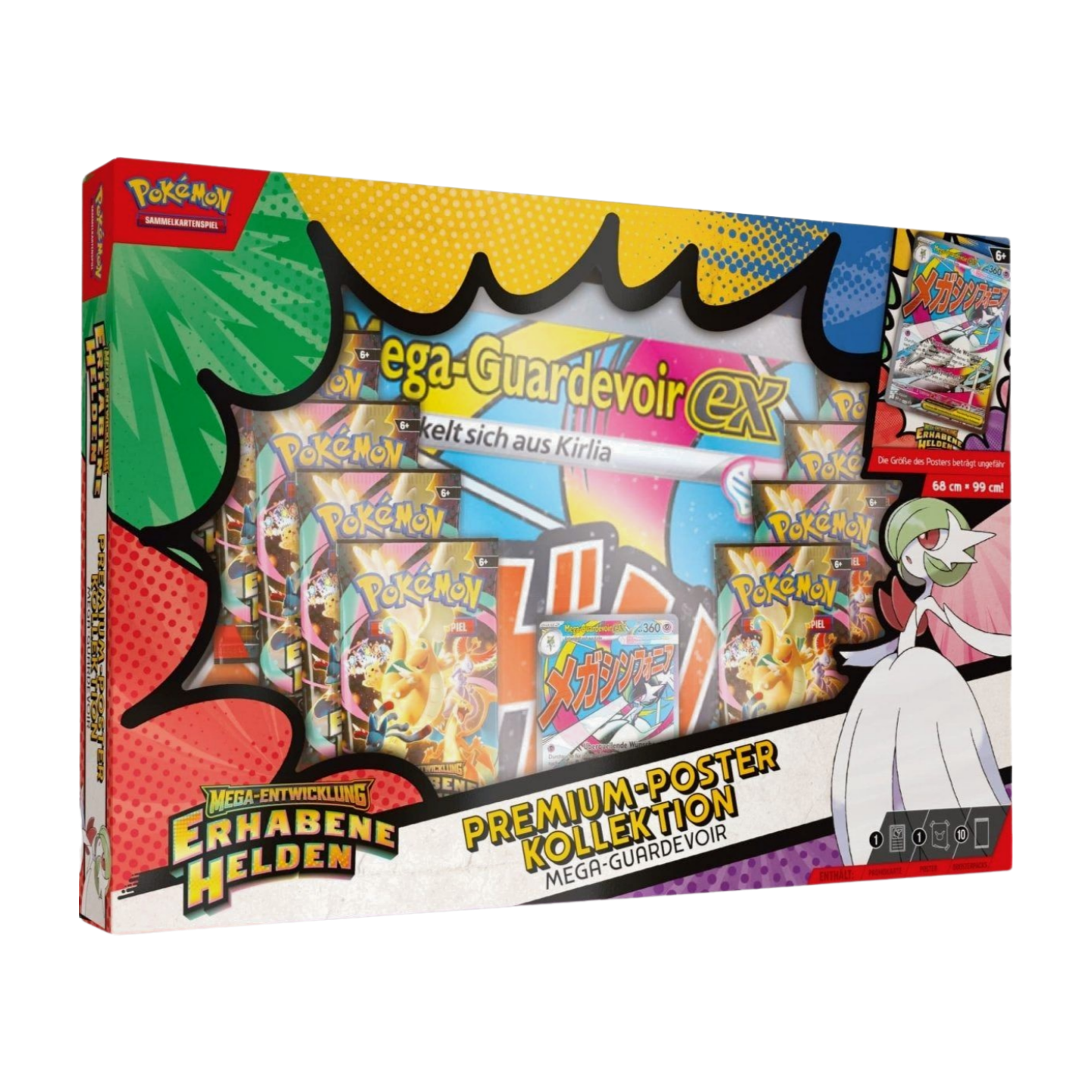 Pokémon Erhabene Helden Mega-Guardevoir-EX Premium Poster Kollektion (Deutsch), versiegelt und originalverpackt, zeigt die holografische Mega-Guardevoir-EX Promokarte, das doppelseitige Poster und die 10 Erhabene Helden BoosterpackPokémon Erhabene Helden Mega-Guardevoir-EX Premium Poster Kollektion (Deutsch), versiegelt und originalverpackt, zeigt die holografische Mega-Guardevoir-EX Promokarte, das doppelseitige Poster und die 10 Erhabene Helden Boosterpack