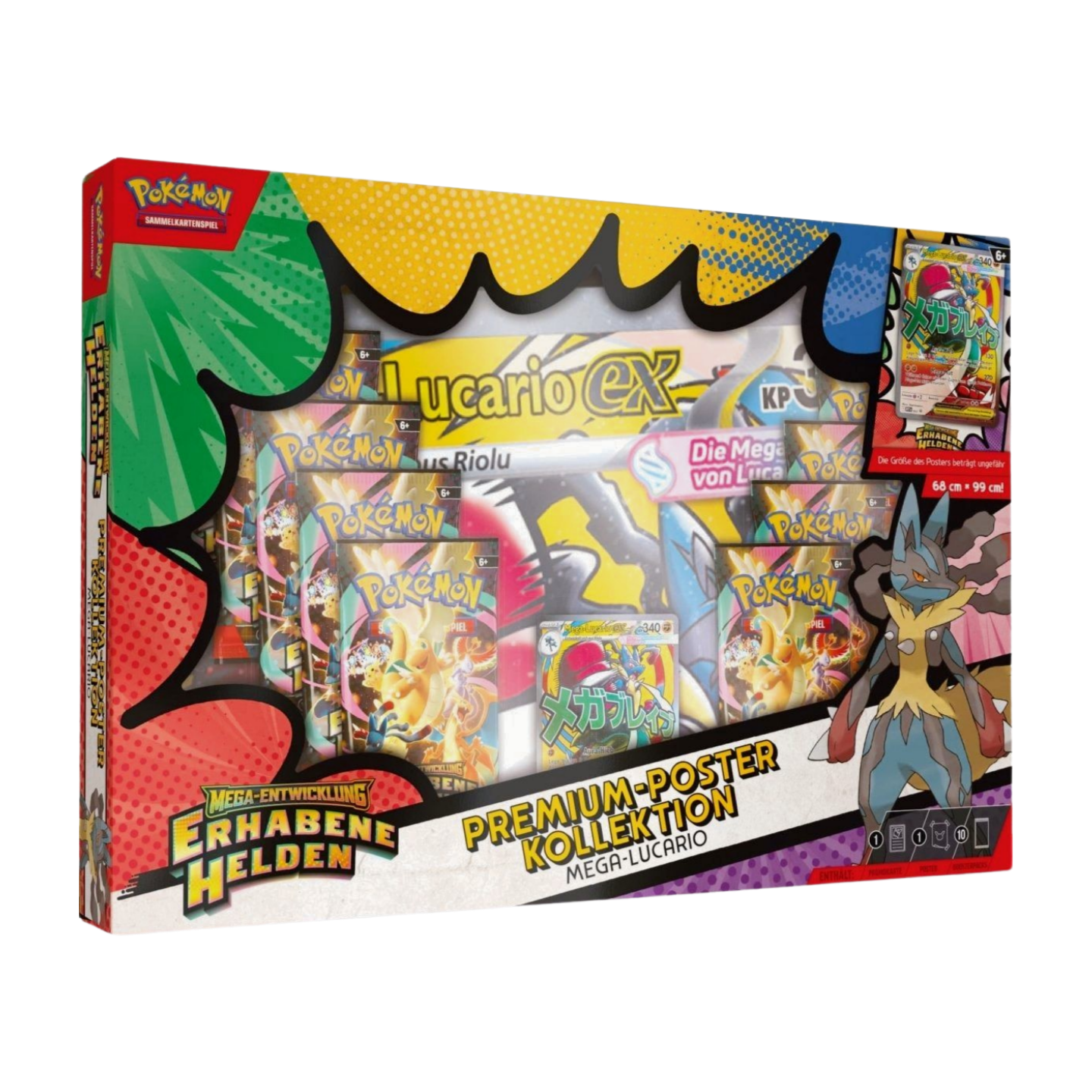 Pokémon Mega-Lucario-EX Premium Poster Kollektion (Deutsch), versiegelt und originalverpackt, zeigt die holografische Mega-Lucario-EX Promokarte, das doppelseitige Poster und die 10 Erhabene Helden Boosterpacks.